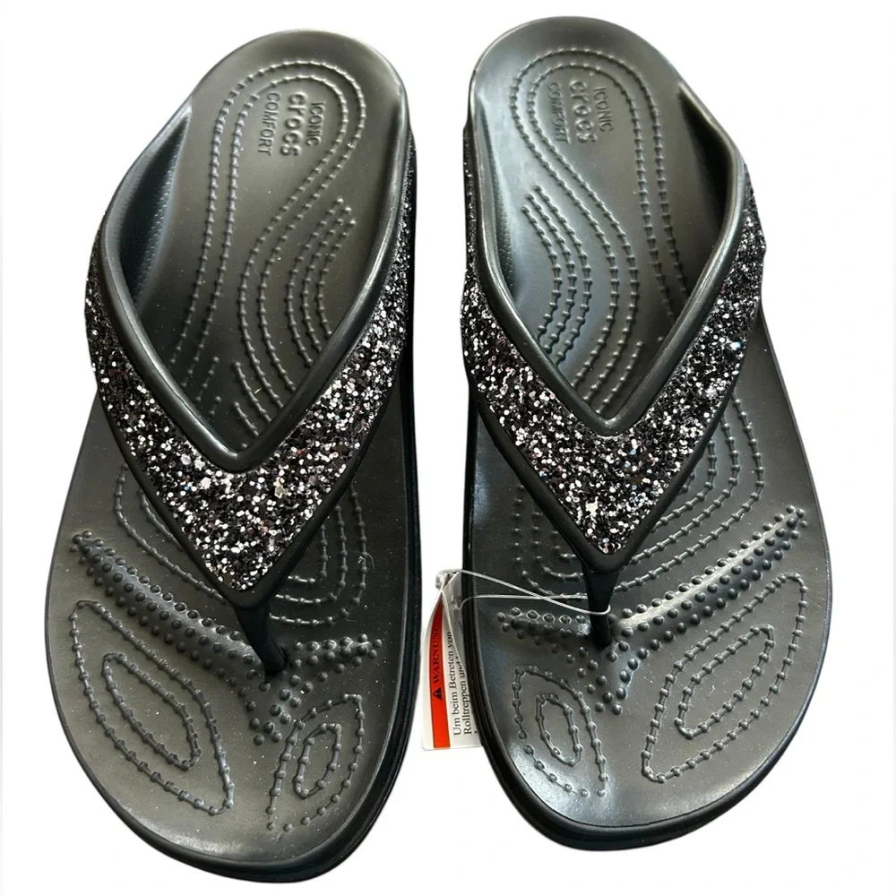 NWT CROCS Black Sloane Glitter Flip Flops SZ 9 - Picture 2 of 2